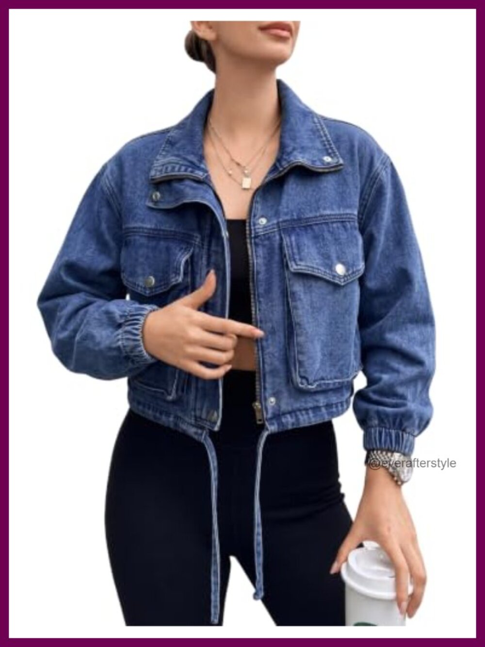 Women's Cropped Denim Jacket Lightweight Zip Up Cotton Polyester Jean Jacket